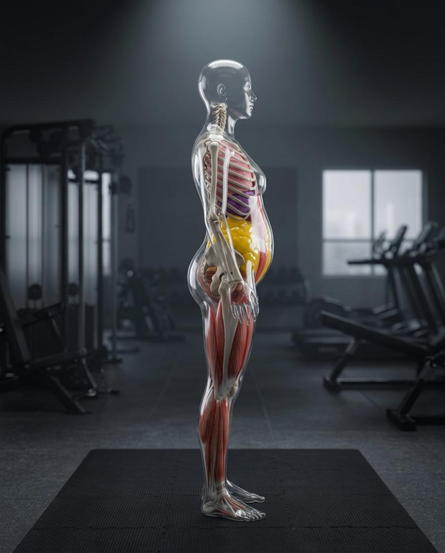 A glass body seen from the side, standing relaxed, lower back curved and lower belly pushed out