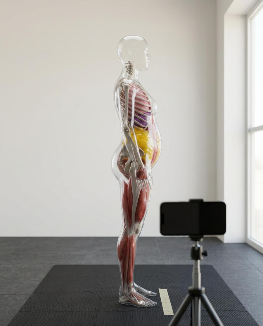 A phone on a tripod at hip height facing a plain wall, a strip of tape on the floor where the glass body stands sideways